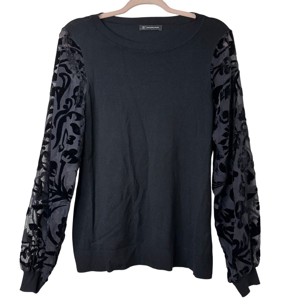Md INC Velvet Burnout Sheer Sleeve Sweater Top Black Whimsigoth Witchy Gothic